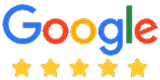 Google logo above a row of five yellow stars representing five-star reviews.